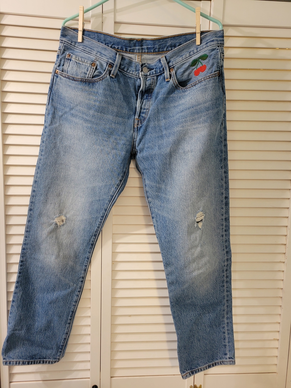 Light Blue Straight Leg Women’s Jeans with Cherry Embroidery